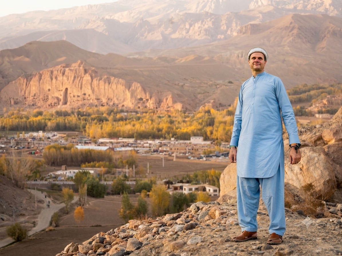 Traveler overlooking a mountain valley in Afghanistan