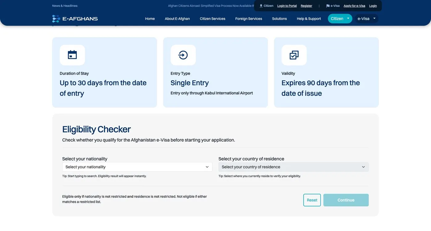 Afghanistan e-Visa eligibility checker for nationality and residence