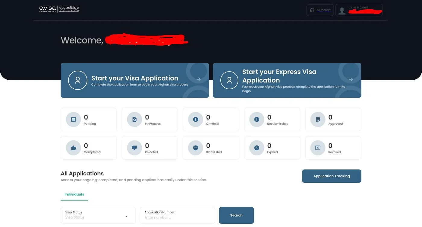Afghanistan e-Visa portal dashboard showing application status