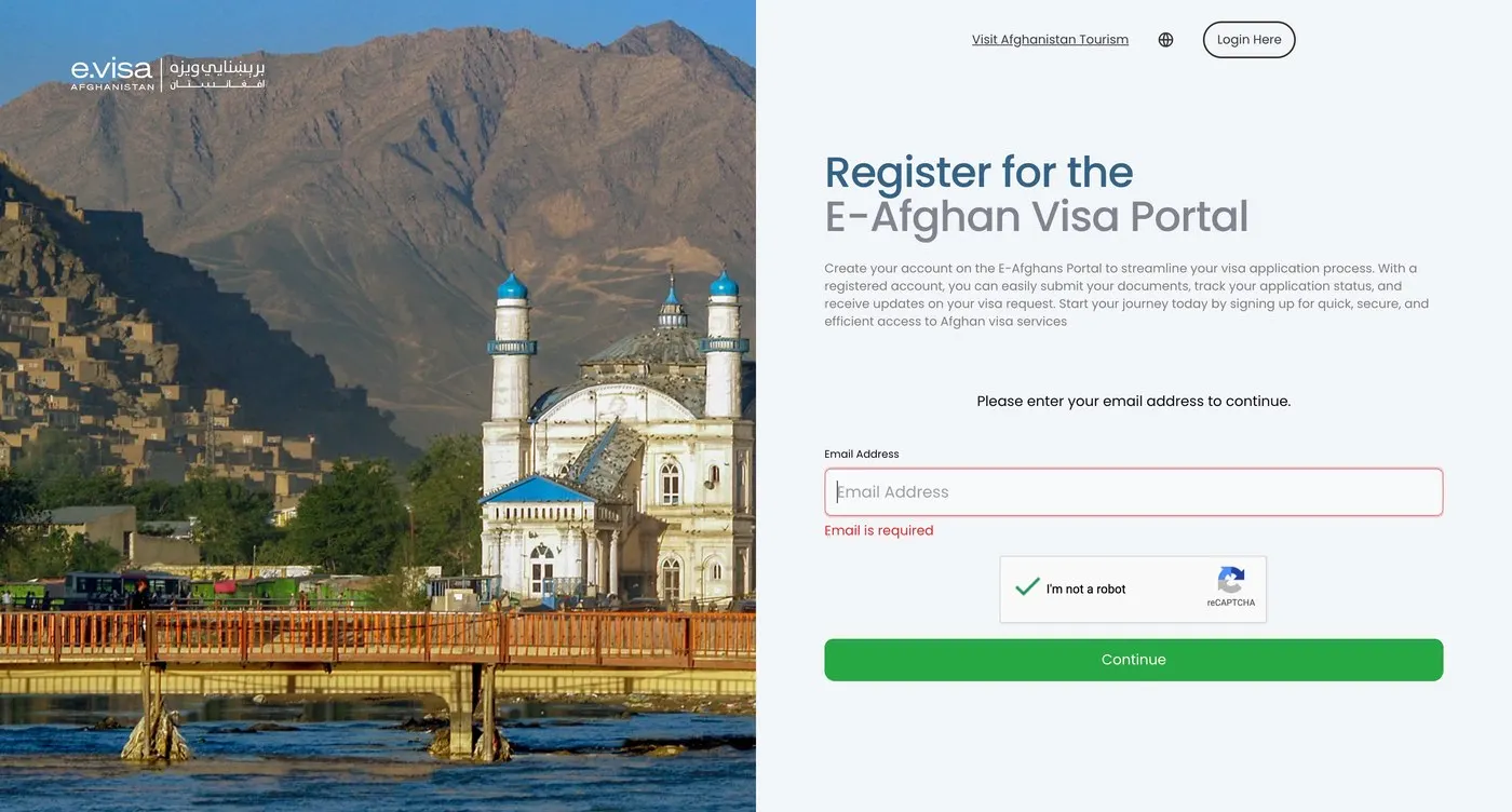 Register for the Afghanistan e-Visa portal with email address