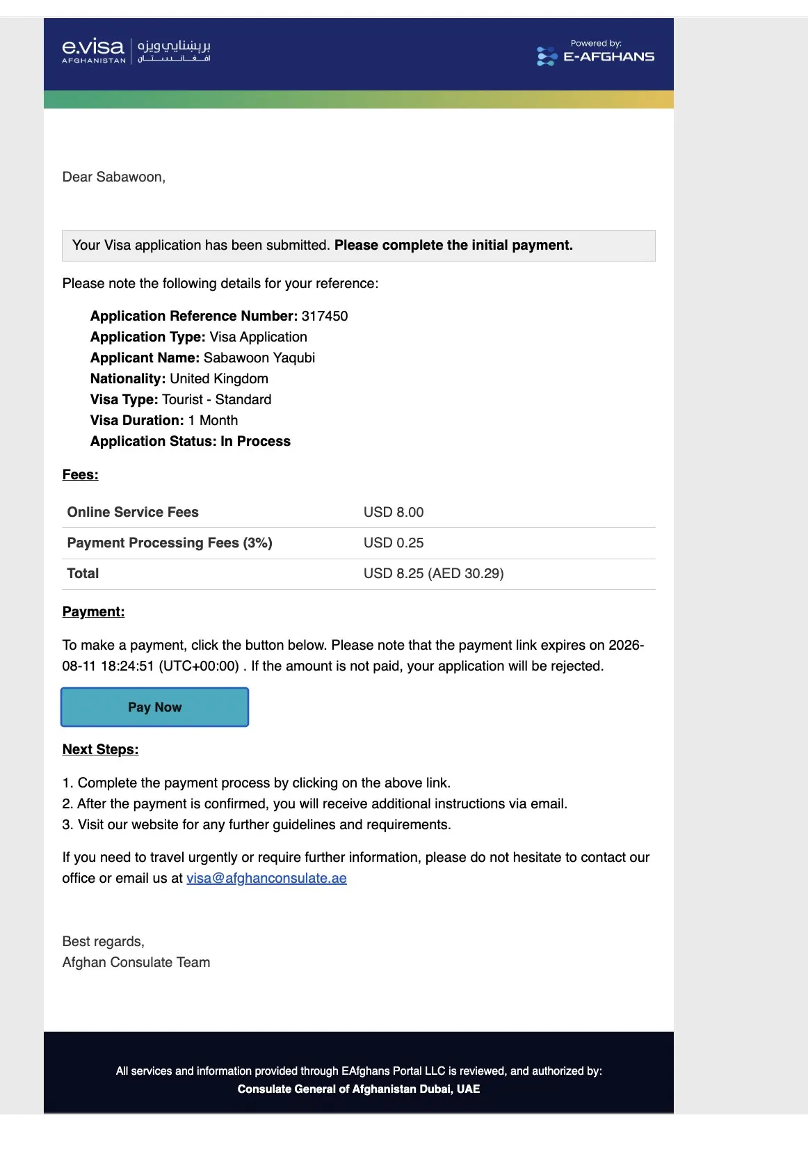 Afghanistan e-Visa payment email with Pay Now link after application submit